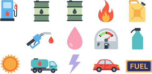 Fuel and energy resources vector icons set petroleum gas station and oil drum
