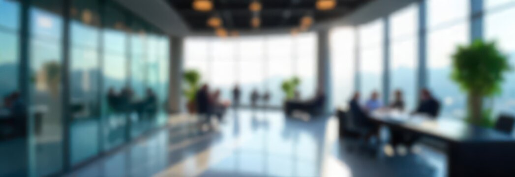 blurred image of modern office interior with large windows and city view. people in business attire seated at tables having discussions. corporate career, teamwork, business meeting, workspace.