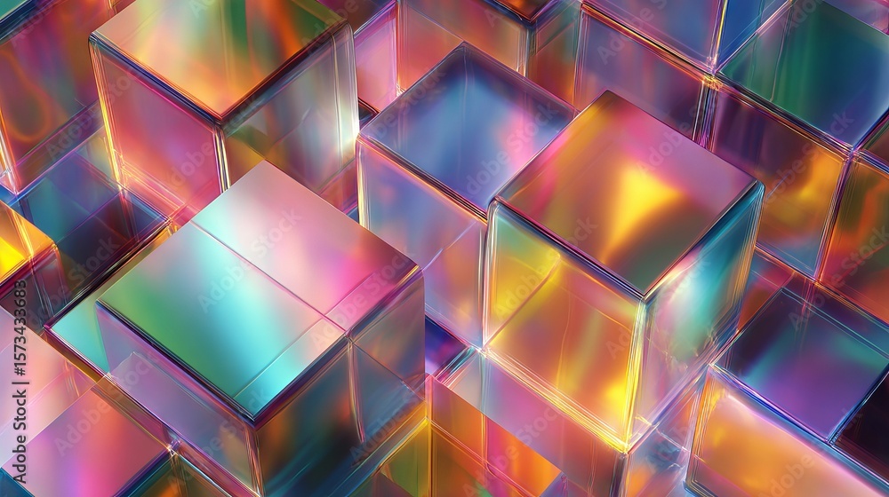 Poster Luminous iridescent cubes create an abstract pattern with light refraction and vivid colors, generating an intriguing visual spectacle.