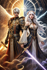 Romantic fantasy couple in magical world, elegant characters in medieval or fairytale setting, enchanted love scene with fantasy outfits and mystical atmosphere