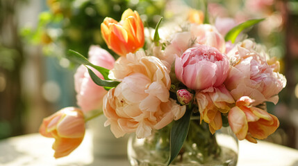 Elegant English garden bouquets in vintage vases, adorned with peonies, tulips and roses and other flowers, displayed in manor garden with dappled light and timeless floral grace
