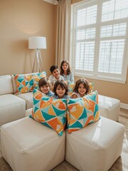 Children smiling behind colorful pillows on white modular sofa in a bright living room setting