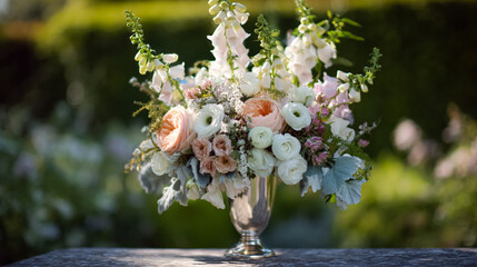 Elegant English garden bouquets in vintage vases, adorned with peonies, tulips and roses and other flowers, displayed in manor garden with dappled light and timeless floral grace