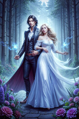 Romantic fantasy couple in magical world, elegant characters in medieval or fairytale setting, enchanted love scene with fantasy outfits and mystical atmosphere