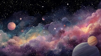 Fototapeta premium Vintage retro starry galaxy wallpaper with colorful planets and stars