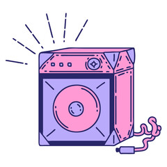 illustration of a traditional tattoo style guitar amplifier in bright neon color