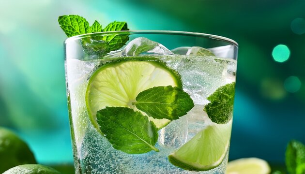 refreshing lime and mint sparkling water drink a close up of a glass filled with icy carbonated water lime slices and fresh mint leaves