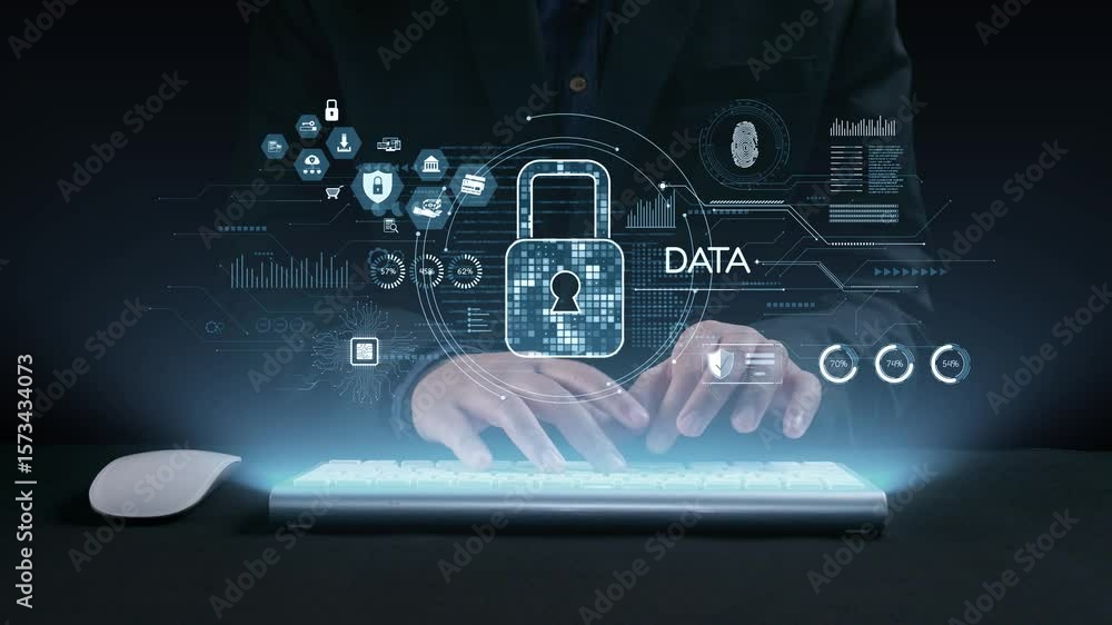 Poster dynamic digital scene featuring hands typing on a keyboard, surrounded by security icons and data pr