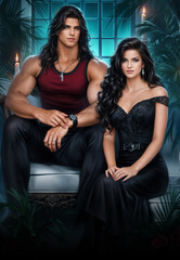 Romantic fantasy couple in magical world, elegant characters in medieval or fairytale setting, enchanted love scene with fantasy outfits and mystical atmosphere