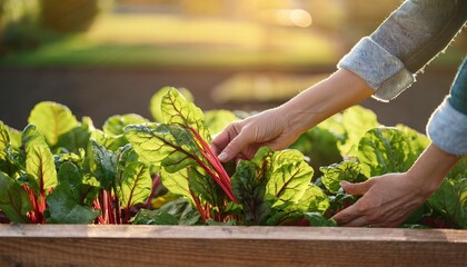 hands harvesting chard leaves from raised garden bed close up homestead lifestyle growing home grown vegetables and salad in urban organic garden