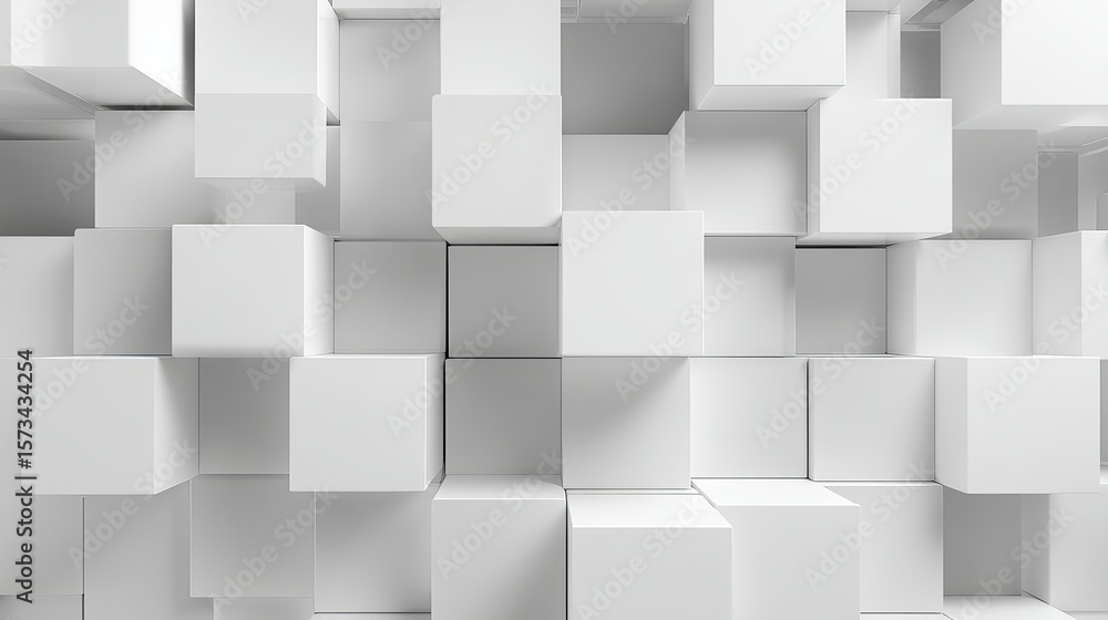 Poster Three dimensional arrangement of white cubes in a minimalist style creating an abstract backdrop and pattern.