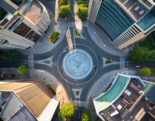 aerial view of a city intersection with circular plaza and surrounding buildings
