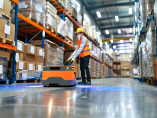 Obraz premium Futuristic automated warehouse with blue robotic vehicle navigating orange guidance lines between tall storage shelves. Smart logistics automation, AI-powered distribution center