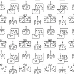 Birthday seamless pattern in outline style on white. Use for kids party designs, celebration packaging, greeting cards, and festive prints