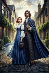 Romantic fantasy couple in magical world, elegant characters in medieval or fairytale setting, enchanted love scene with fantasy outfits and mystical atmosphere