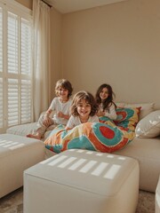 Three children sitting on a white sofa with colorful pillow in a bright room with window shutters