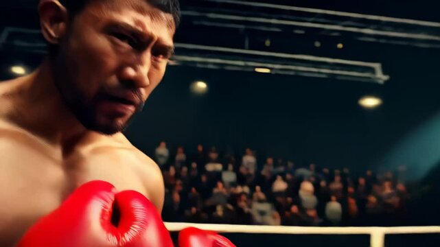 Two boxers in red and blue gloves touching fists in the center of a boxing ring under bright stadium lights, symbolizing the start of a match. Concept of competition and combat sport