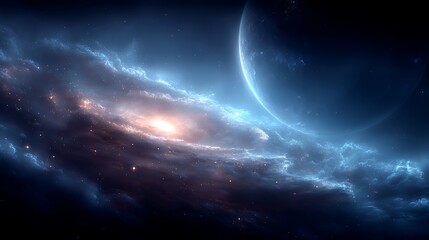 Obraz premium Cold deep space with glowing stars and distant planet in view.