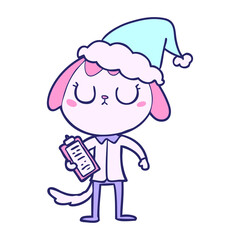 cute hand drawn line drawing of a dog wearing office shirt wearing santa hat in bright neon color