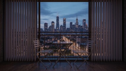 Balcony view of city skyline at night with table and chairs and vertical blinds in an apartment room