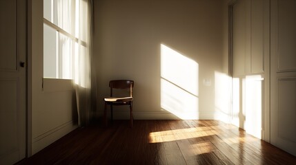 Sunlight streaming in minimalist room highlighting chair and wooden floor