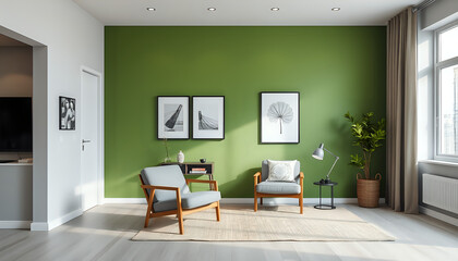 Modern living space featuring a green accent wall with minimalist decor and cozy ambiance.