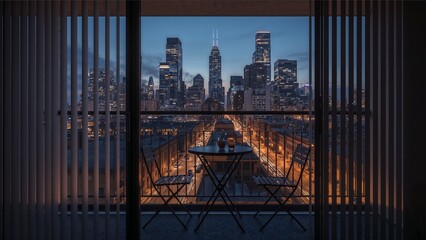 Cityscape view from balcony with table and chairs at night through vertical blinds and buildings lights