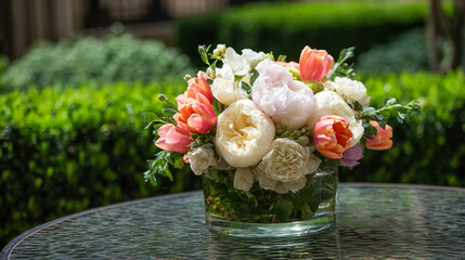 Elegant English garden bouquets in vintage vases, adorned with peonies, tulips and roses and other flowers, displayed in manor garden with dappled light and timeless floral grace