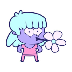 cartoon girl with flower in mouth in bright neon color