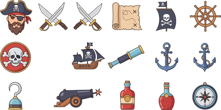Cartoon pirate themed vector set illustration for graphic design element
