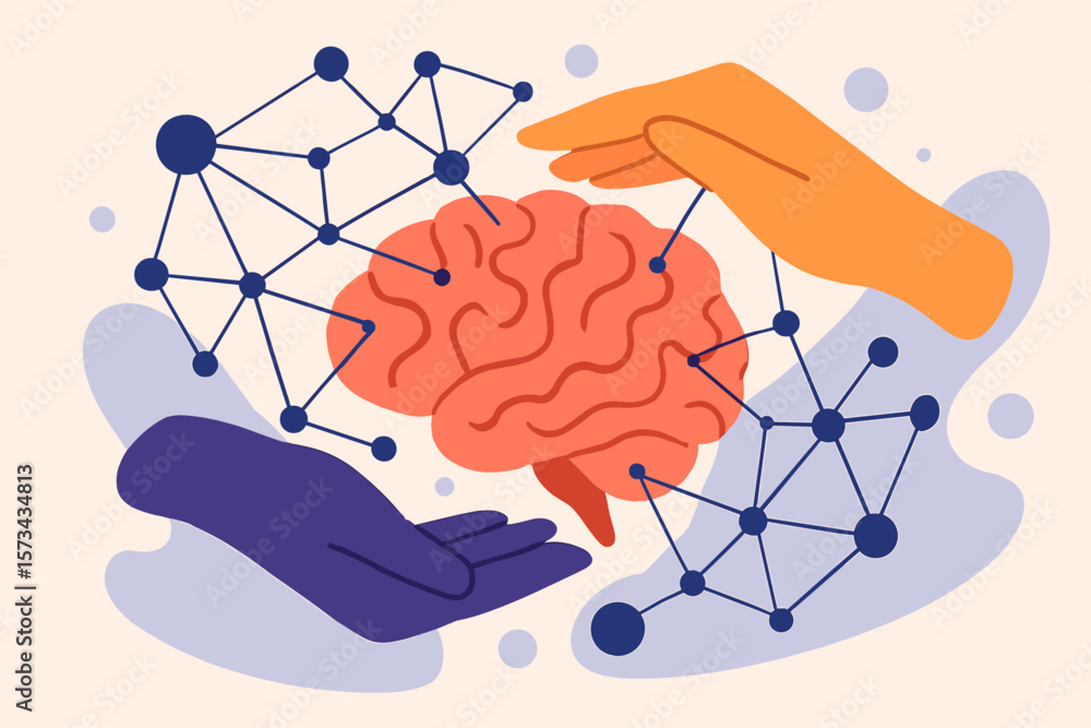 Poster human hands protecting brain with neural network connections, artificial intelligence, science commu