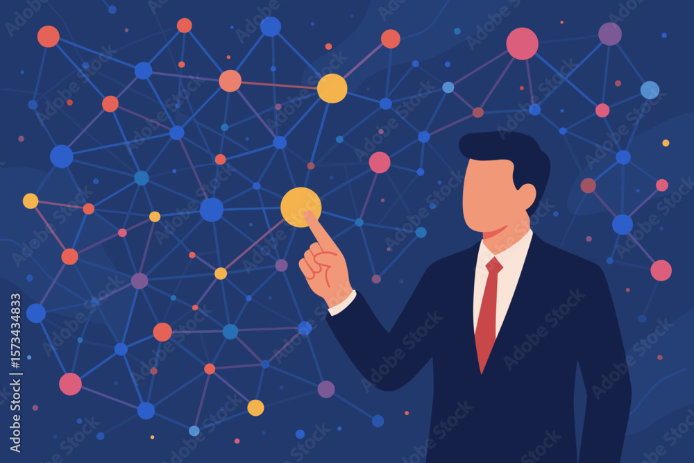 Poster abstract networking cyberspace big data visualization, businessman touching colorful digital network