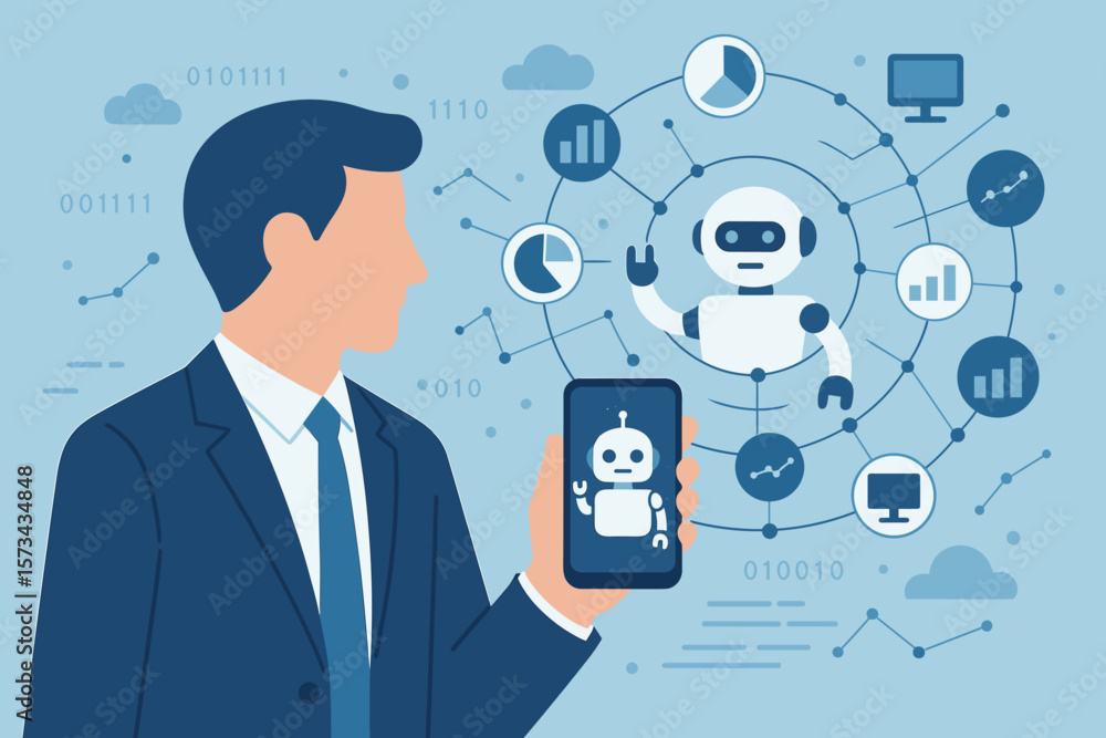 Poster artificial intelligence machine learning concept. businessman using smartphone to control robot auto