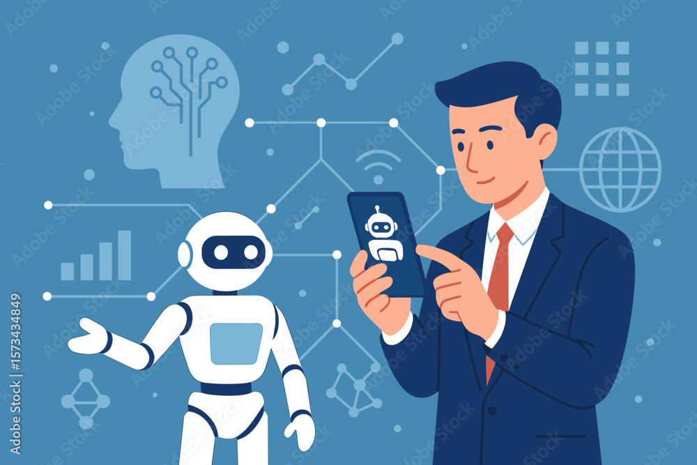 Poster artificial intelligence machine learning business concept. businessman using smartphone to control r