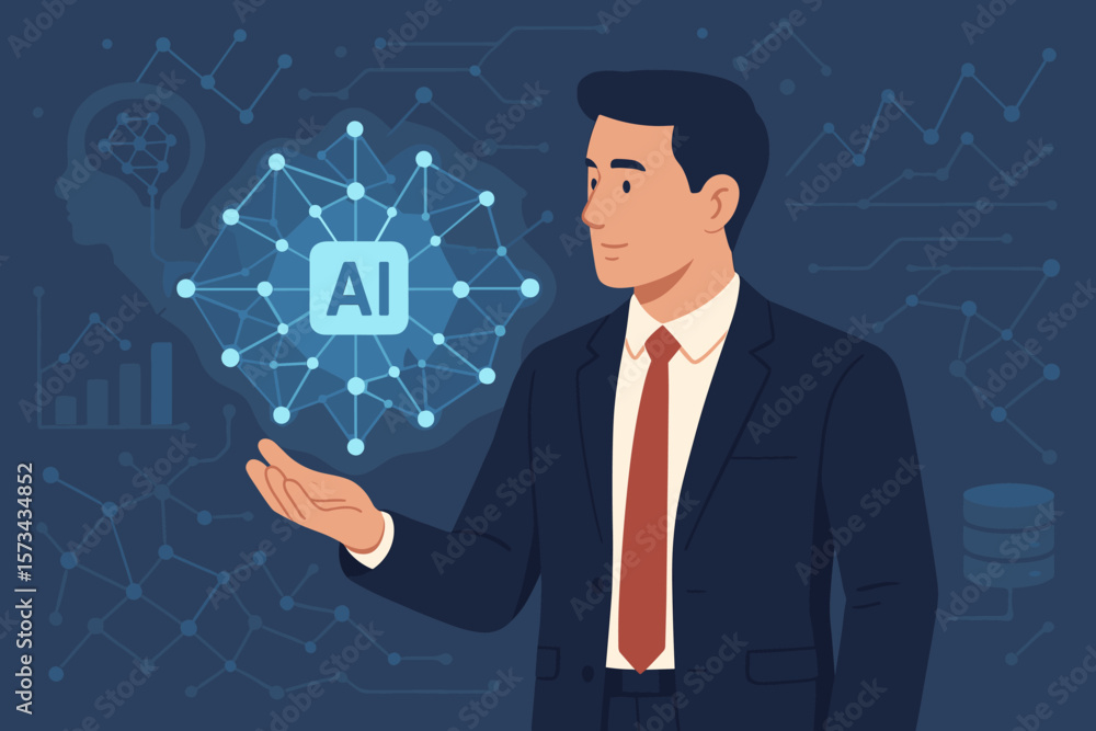 Poster businessman in suit holding ai network symbol, artificial intelligence, machine learning, data netwo