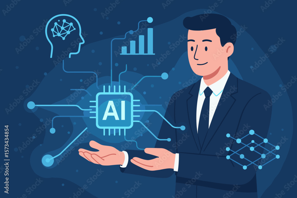 Aufkleber artificial intelligence technology, machine learning, businessman presenting ai data network, deep l