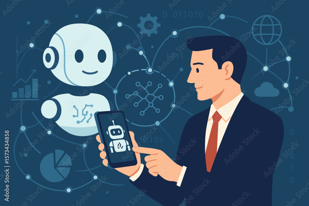 Poster artificial intelligence, machine learning, ai robot assistant, businessman using smartphone for data