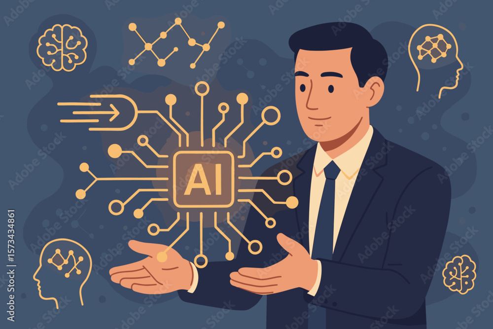 Aufkleber artificial intelligence technology, machine learning, data networking, businessman presenting fast a