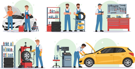 Automotive repair shop services vector illustration car maintenance and repair