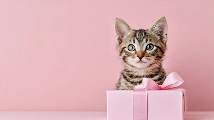 Pink gift box and kitten on light pink background. Cute little tabby cat. Celebration. - Powered by Adobe