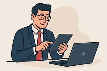 Businessman Using Tablet and Laptop at Desk. Modern Office Technology, Digital Workflow, Remote Work, Professional Communication, Corporate Management, Flat Vector Illustration