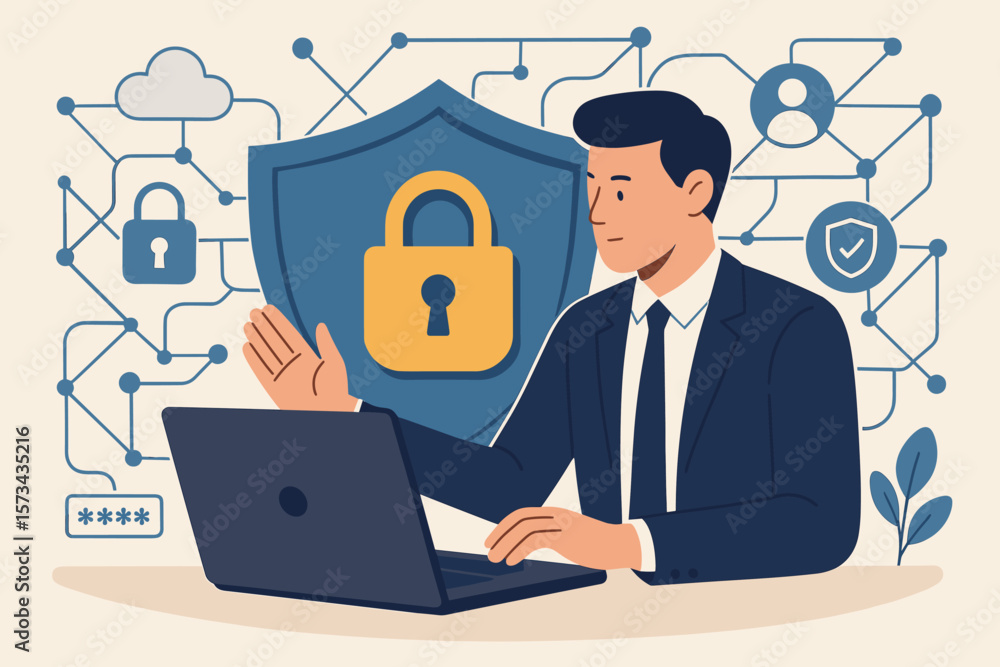 Poster cyber security internet technology networking. businessman protecting data and personal information 