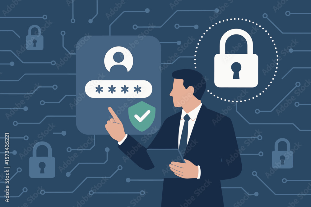 Poster cybersecurity login authentication, businessman using virtual interface, data protection network, se
