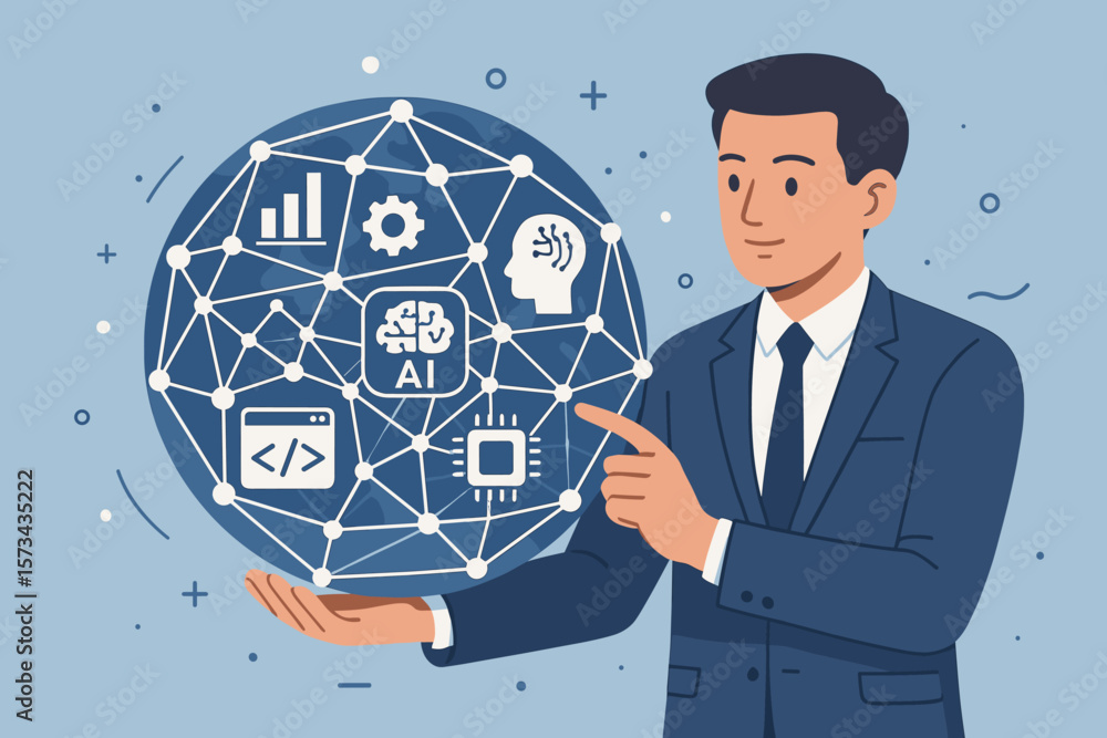 Poster businessman holding global digital network sphere with ai, data science, algorithm, programming, art