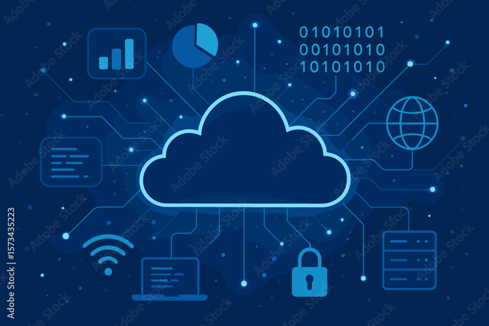 Poster cloud computing network technology abstract. digital data storage, internet connection, cybersecurit