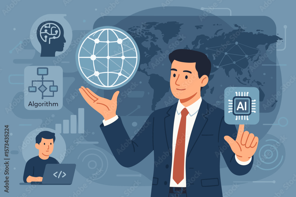 Aufkleber businessman with artificial intelligence chip, data science algorithm, programmer, global digital ne