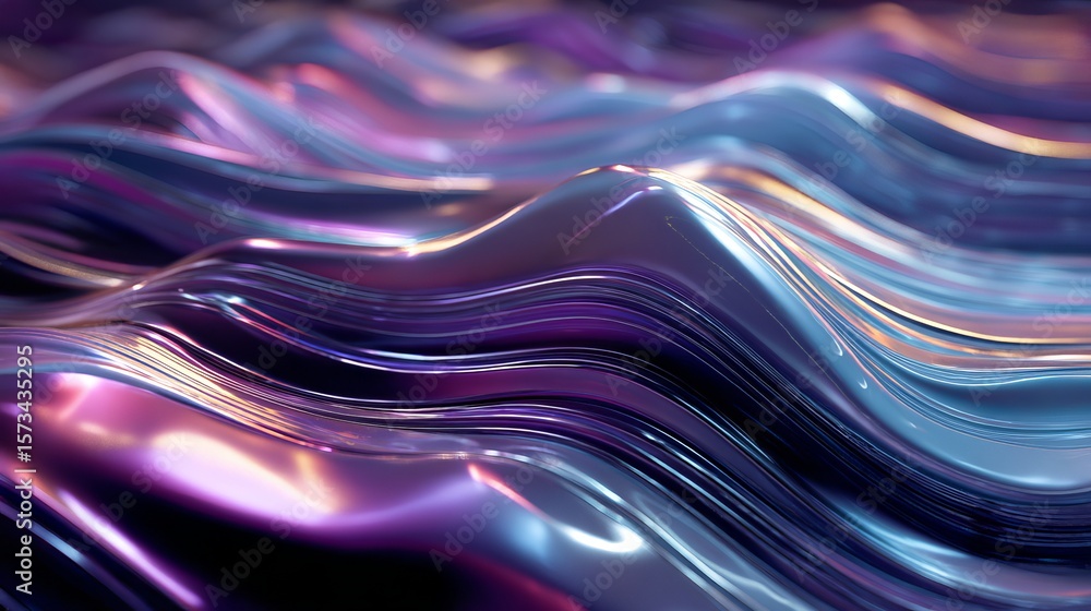 Poster abstract iridescent waves flow and undulate with beautiful chromatic highlights, creating a mesmeriz