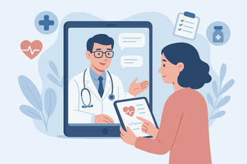 Telemedicine online doctor consultation. Virtual healthcare service, remote medical advice, digital health checkup, patient communication, tablet technology, modern hospital network.