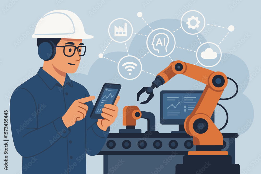 Poster industrial engineer using tablet to monitor and control robotic arm automation, smart factory ai tec