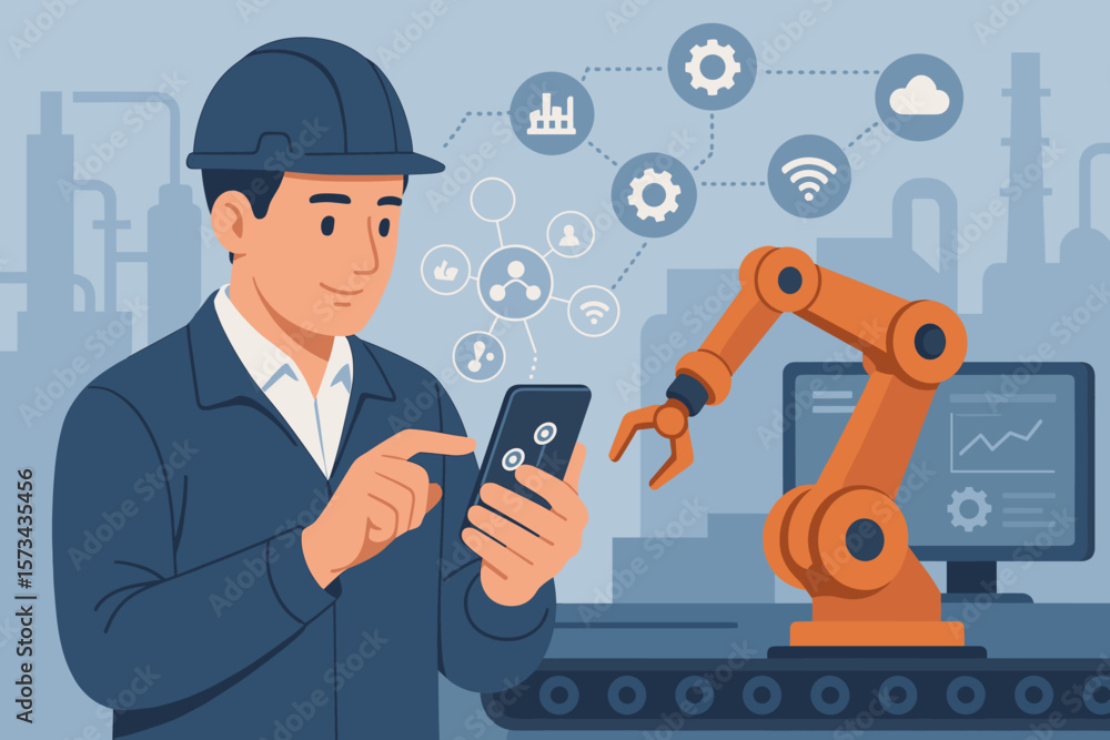 Aufkleber industrial engineer using tablet to control automation robot arm, smart factory monitoring, ai techn
